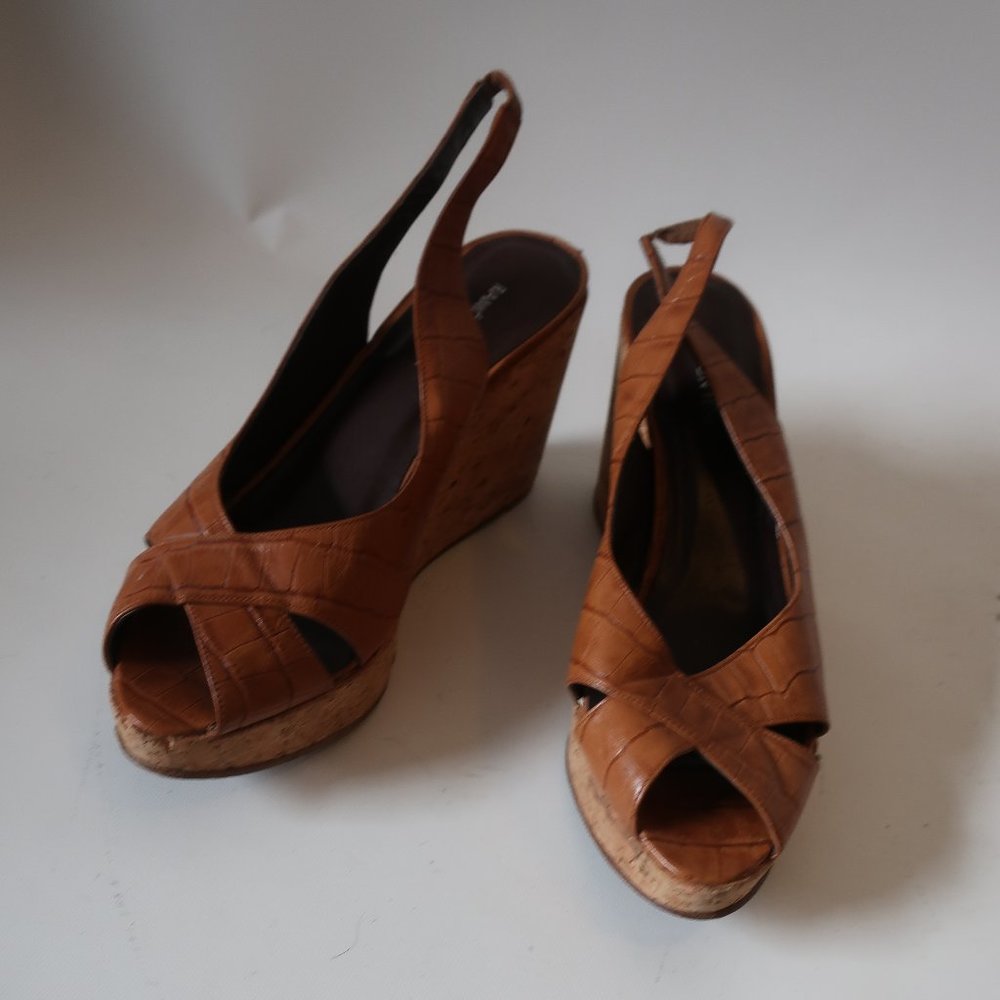 RAMON TENZA LEATHER CORK WEDGE SLINGBACK HEELS 9 * - Picture 1 of 12